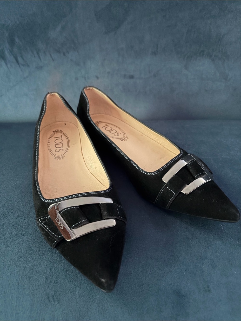 TOD'S Black Suede Pointed-Toe Flats with Silver Buckle Detail